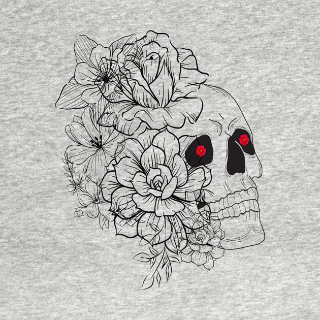 skeleton face drawn in black lines with various flowers and roses on one side by JENNEFTRUST